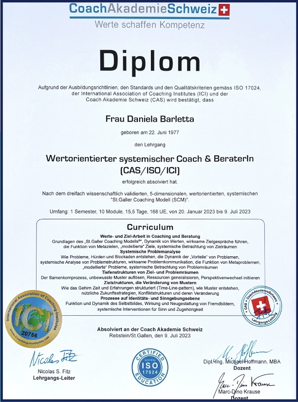 Daniela hat die Ausbildung zur "Wertorientierten systemischen Coachin & Beraterin" mit diesem Diplom abgeschlossen.